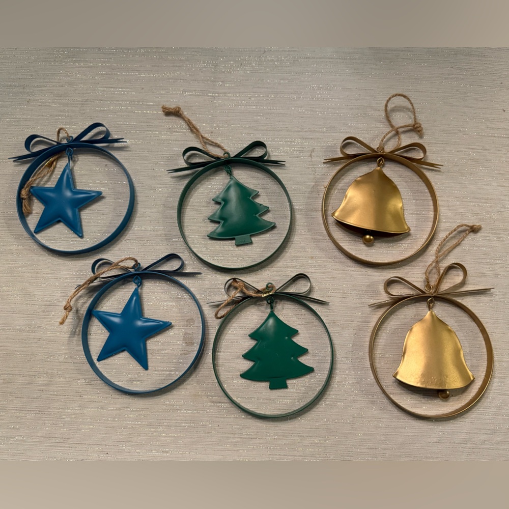 Gold, Green, and Blue Metal Ornaments Set of 6 EUC